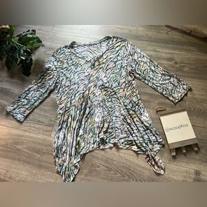 Vintage Y2K Asymmetrical Handkerchief Hem Stained Glass Semi Sheer Pastel Top L